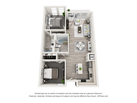 Floor plan for 2 beds, 2 baths, 1038 sqft